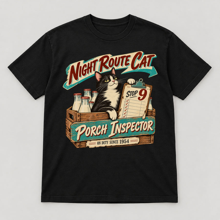 Night Route Cat T-Shirt — black front garment mockup