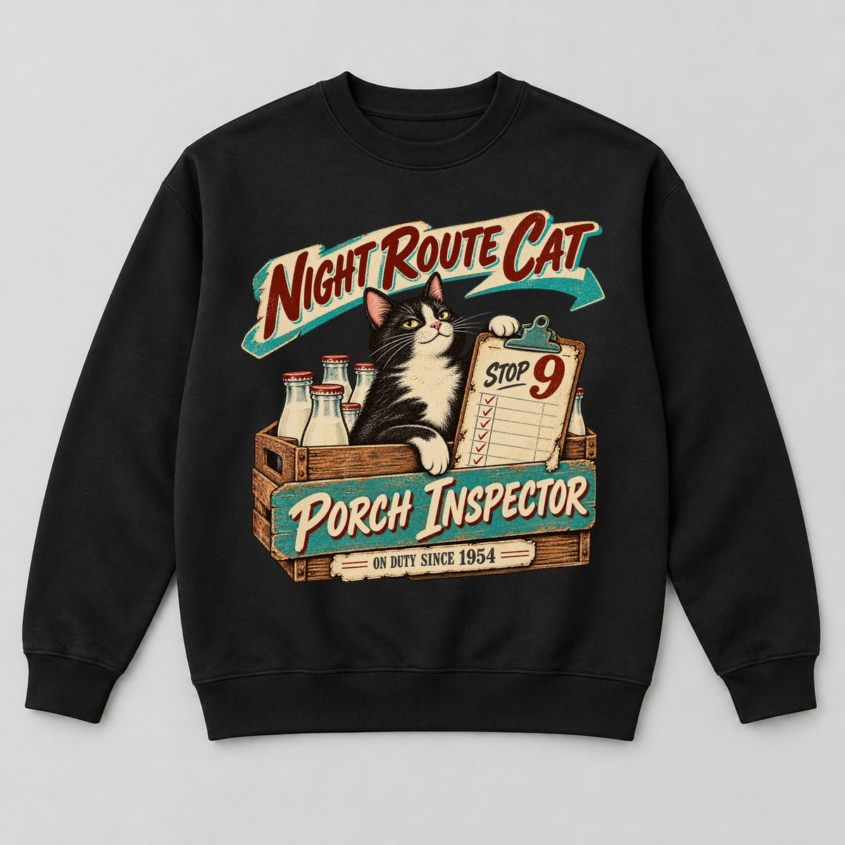 Night Route Cat Sweatshirt — black front garment mockup