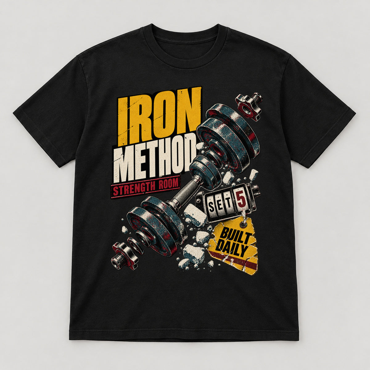 Iron Method T-Shirt — black front garment mockup