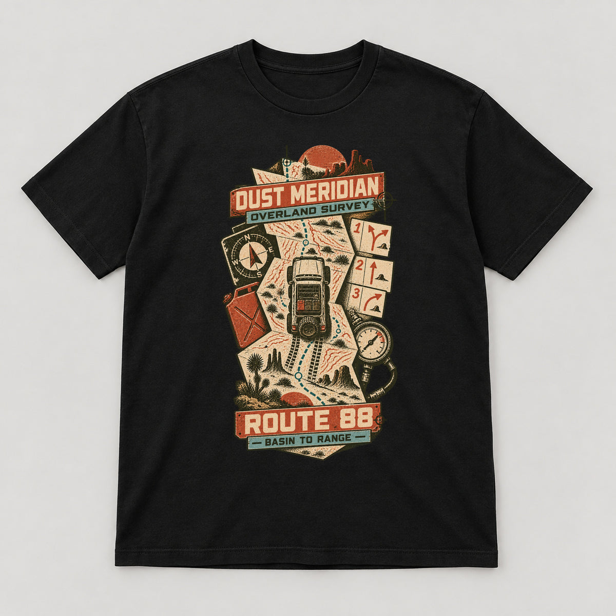 Dust Meridian T-Shirt — black front garment mockup