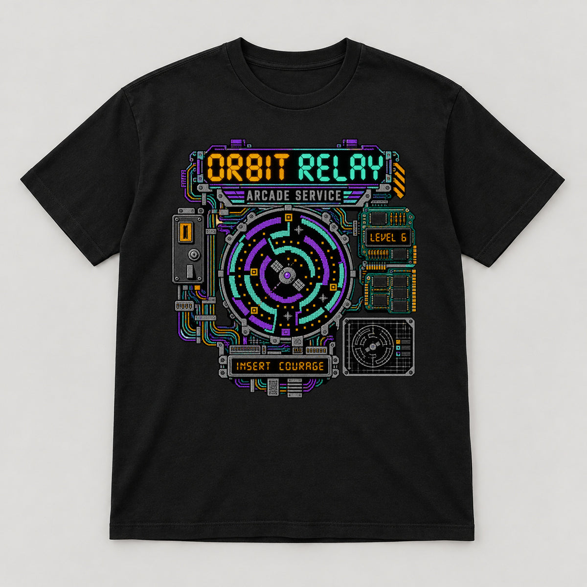 Orbit Relay T-Shirt — black front garment mockup