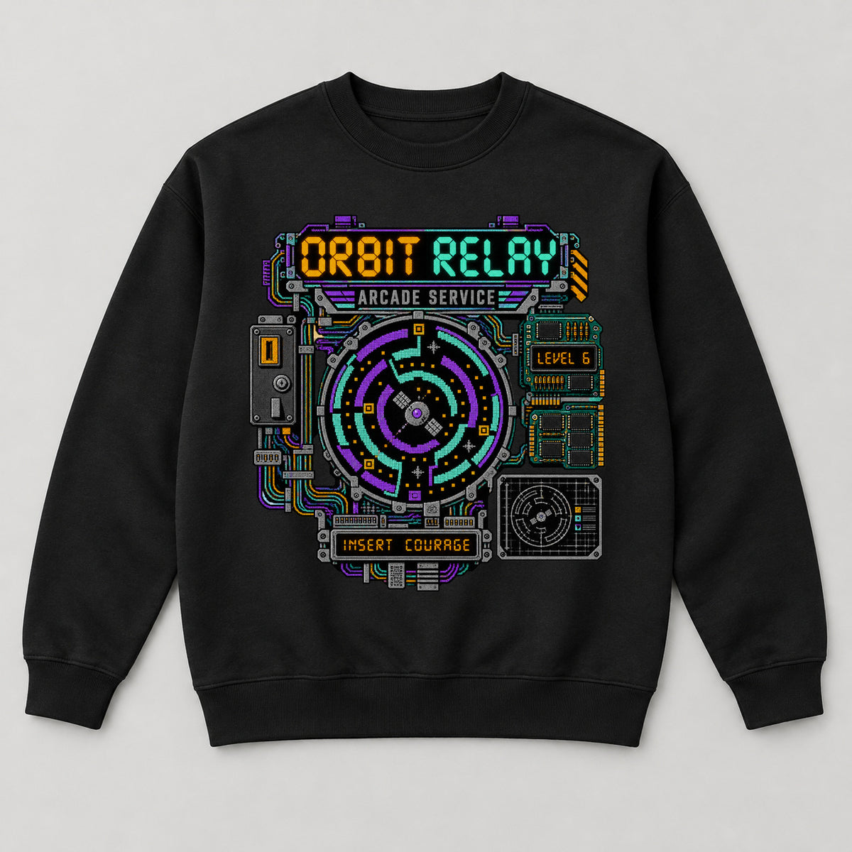 Orbit Relay Sweatshirt — black front garment mockup