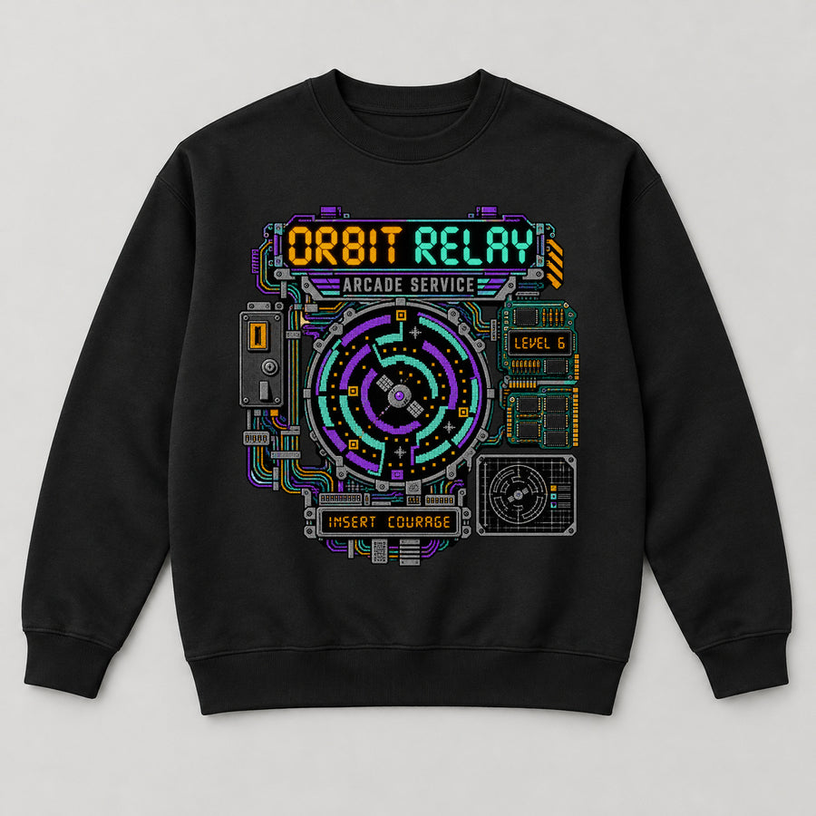 Orbit Relay Sweatshirt — black front garment mockup