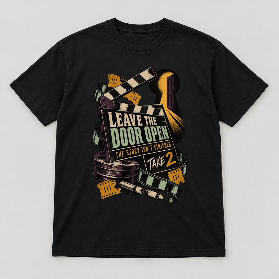 Leave the Door Open T-Shirt — black front garment mockup