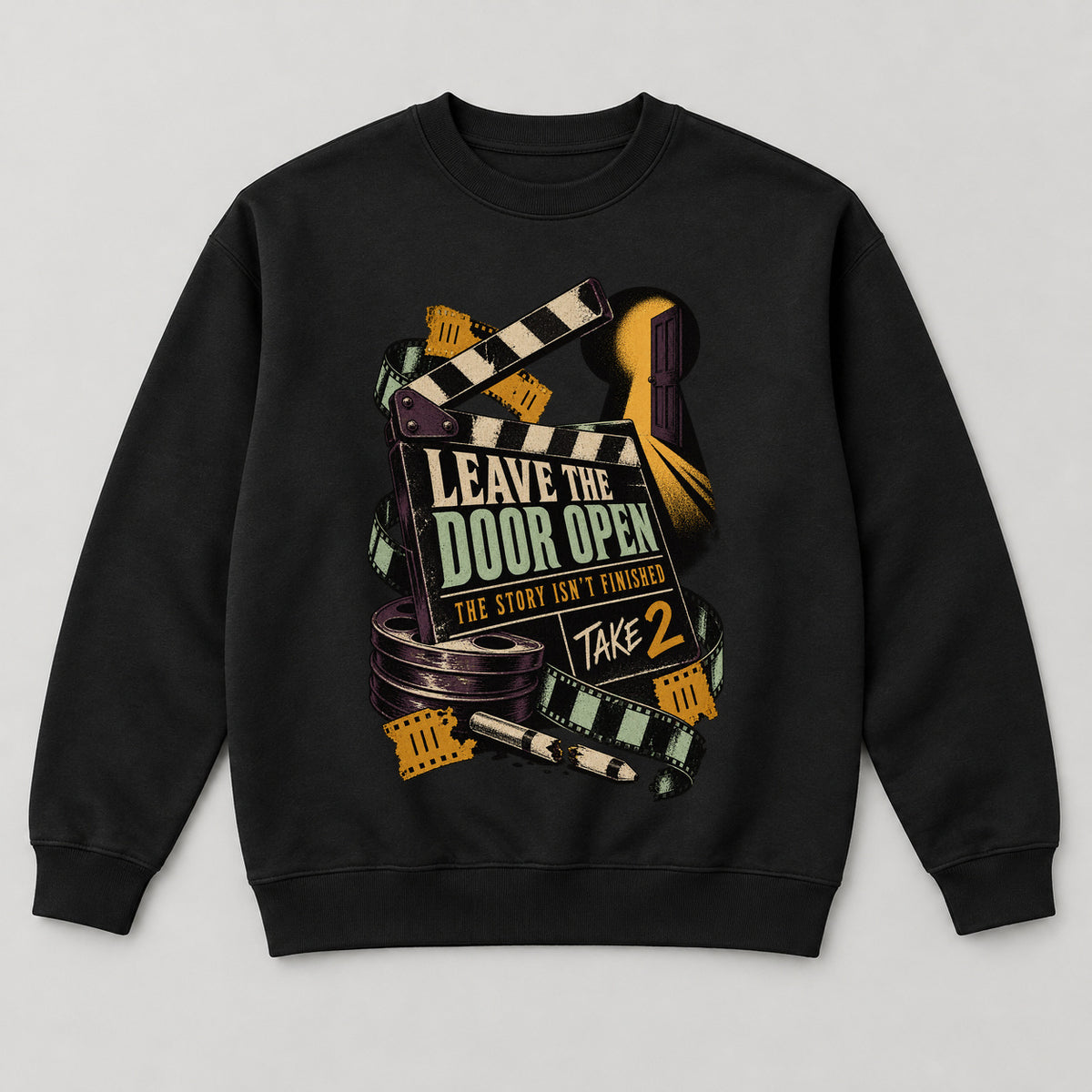 Leave the Door Open Sweatshirt — black front garment mockup