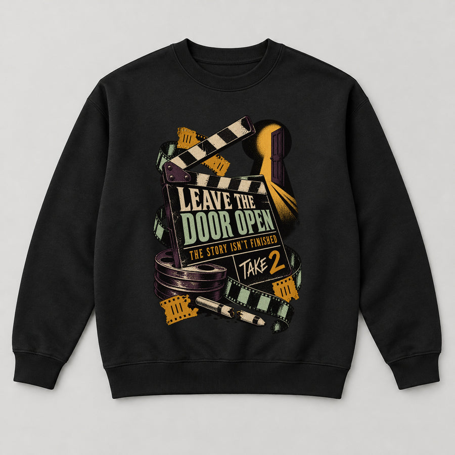 Leave the Door Open Sweatshirt — black front garment mockup