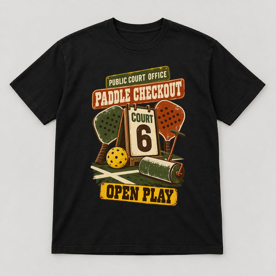 Public Court Office T-Shirt — black front garment mockup