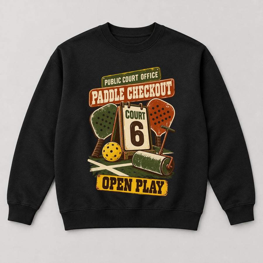 Public Court Office Sweatshirt — black front garment mockup