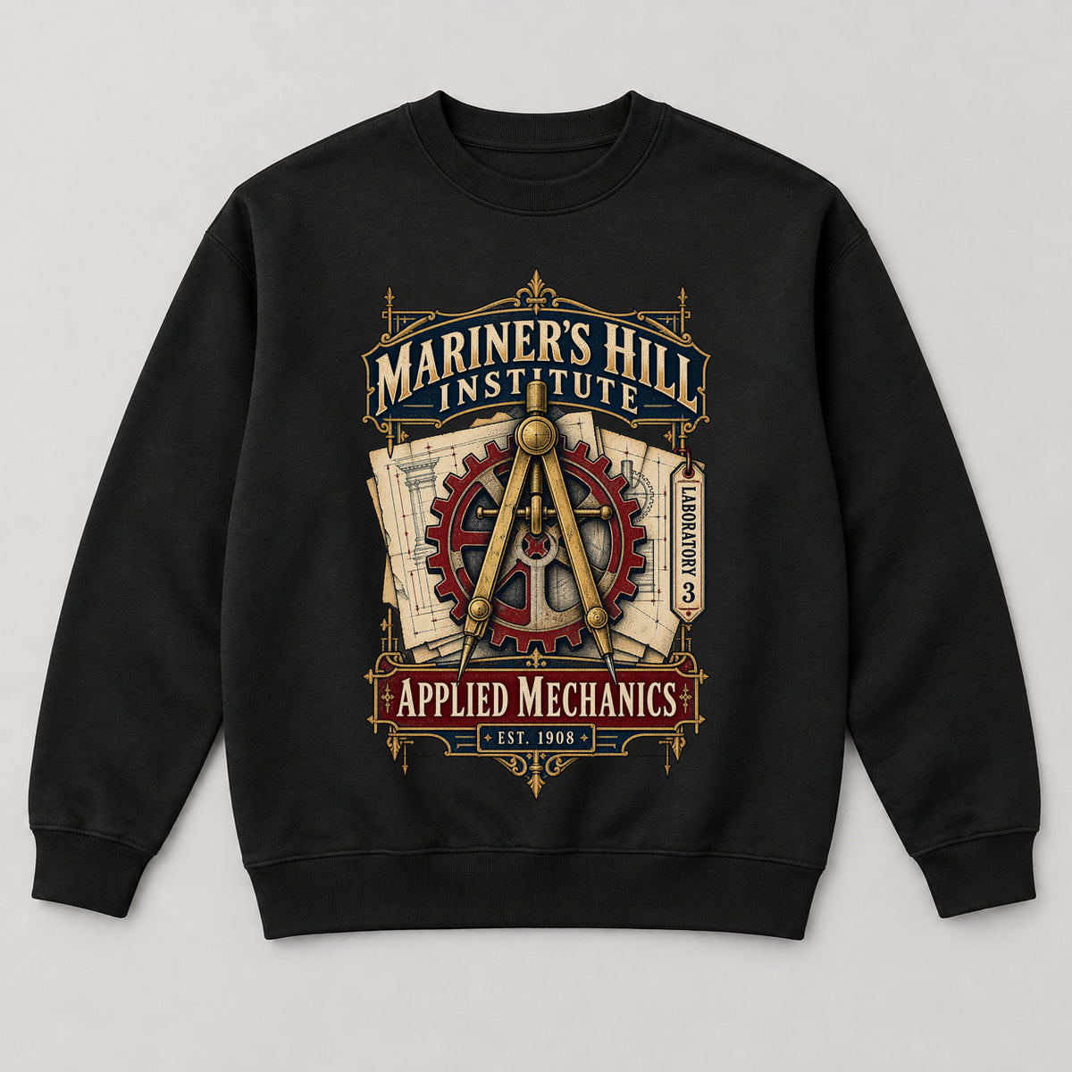 Mariner’s Hill Institute Sweatshirt — black front garment mockup