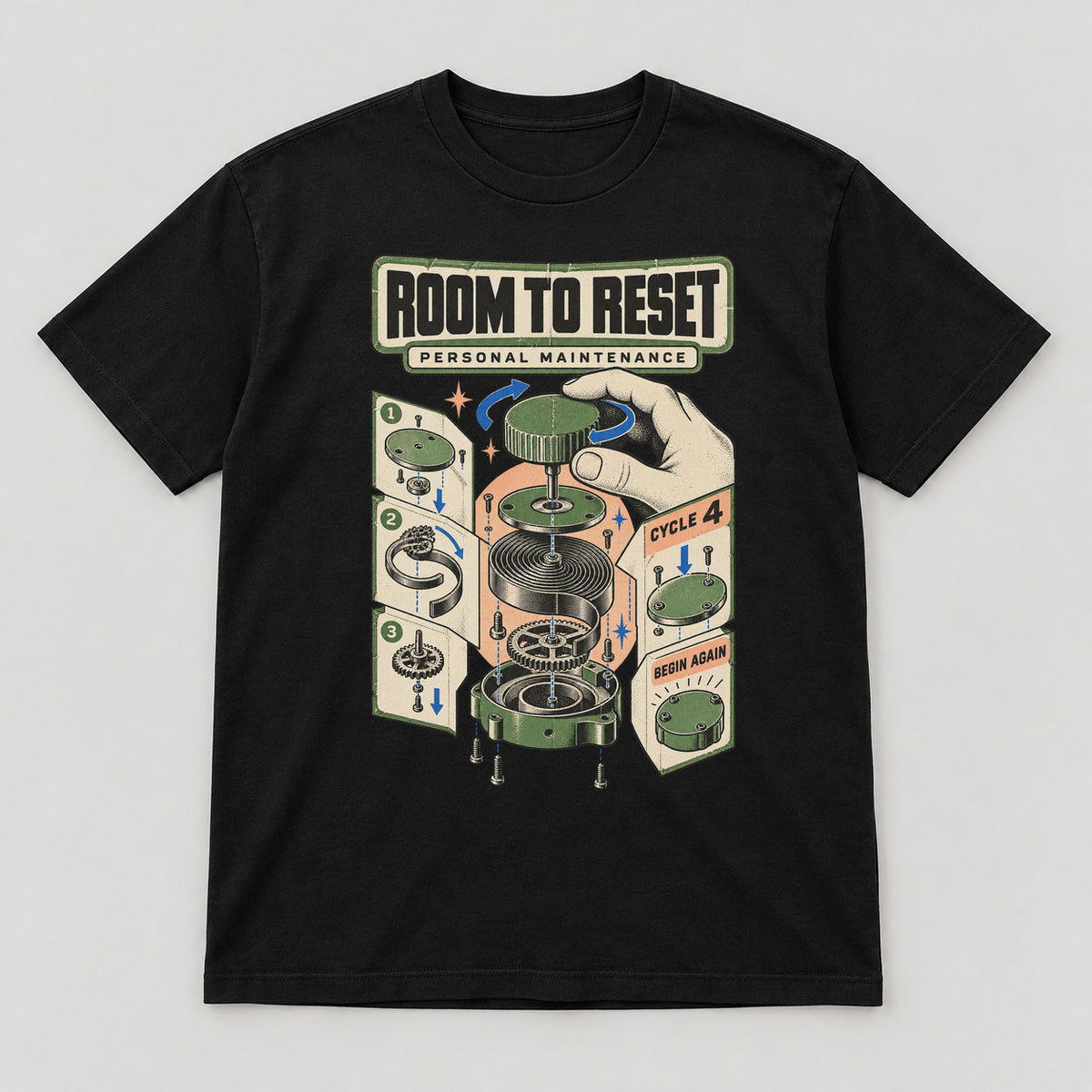 Room to Reset T-Shirt — black front garment mockup