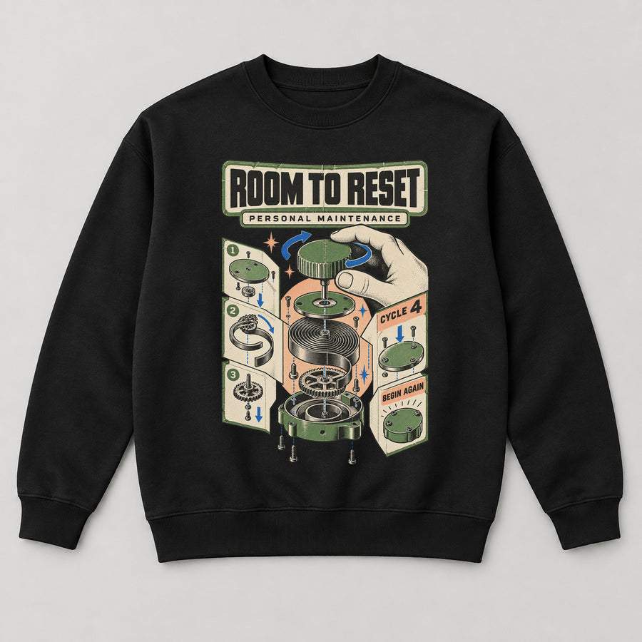 Room to Reset Sweatshirt — black front garment mockup