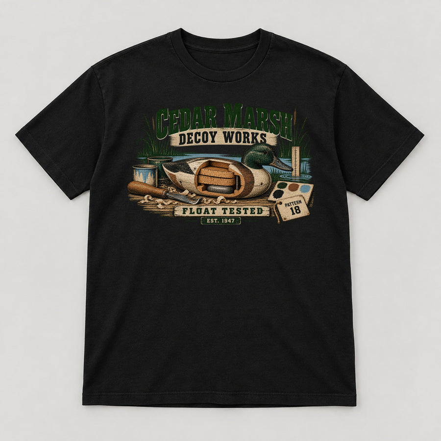 Cedar Marsh Decoy Works T-Shirt — black front garment mockup