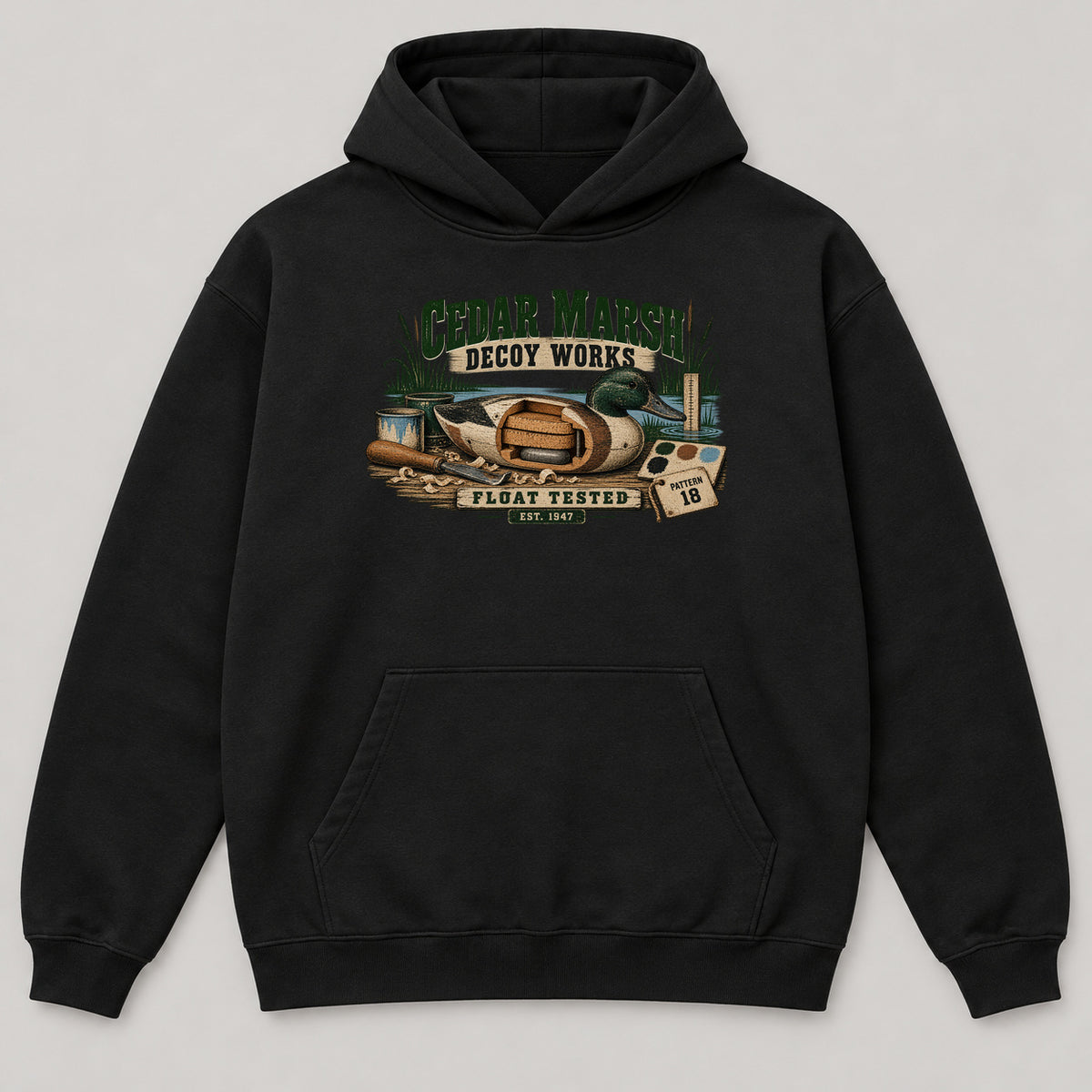 Cedar Marsh Decoy Works Hoodie — black front garment mockup