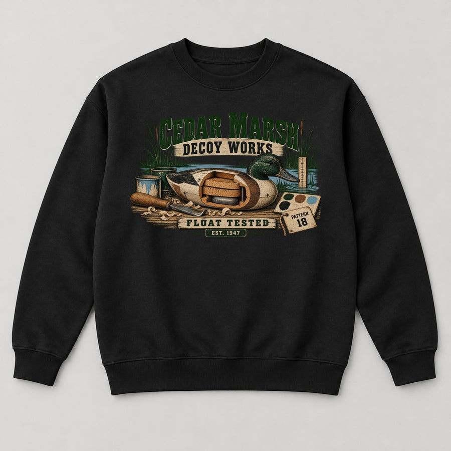 Cedar Marsh Decoy Works Sweatshirt — black front garment mockup