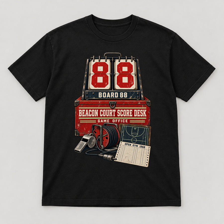 Beacon Court Score Desk T-Shirt — black front garment mockup