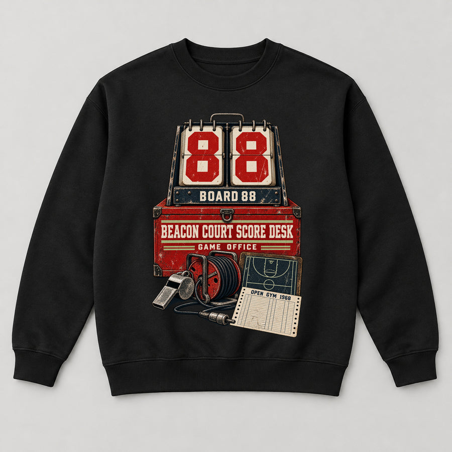 Beacon Court Score Desk Sweatshirt — black front garment mockup