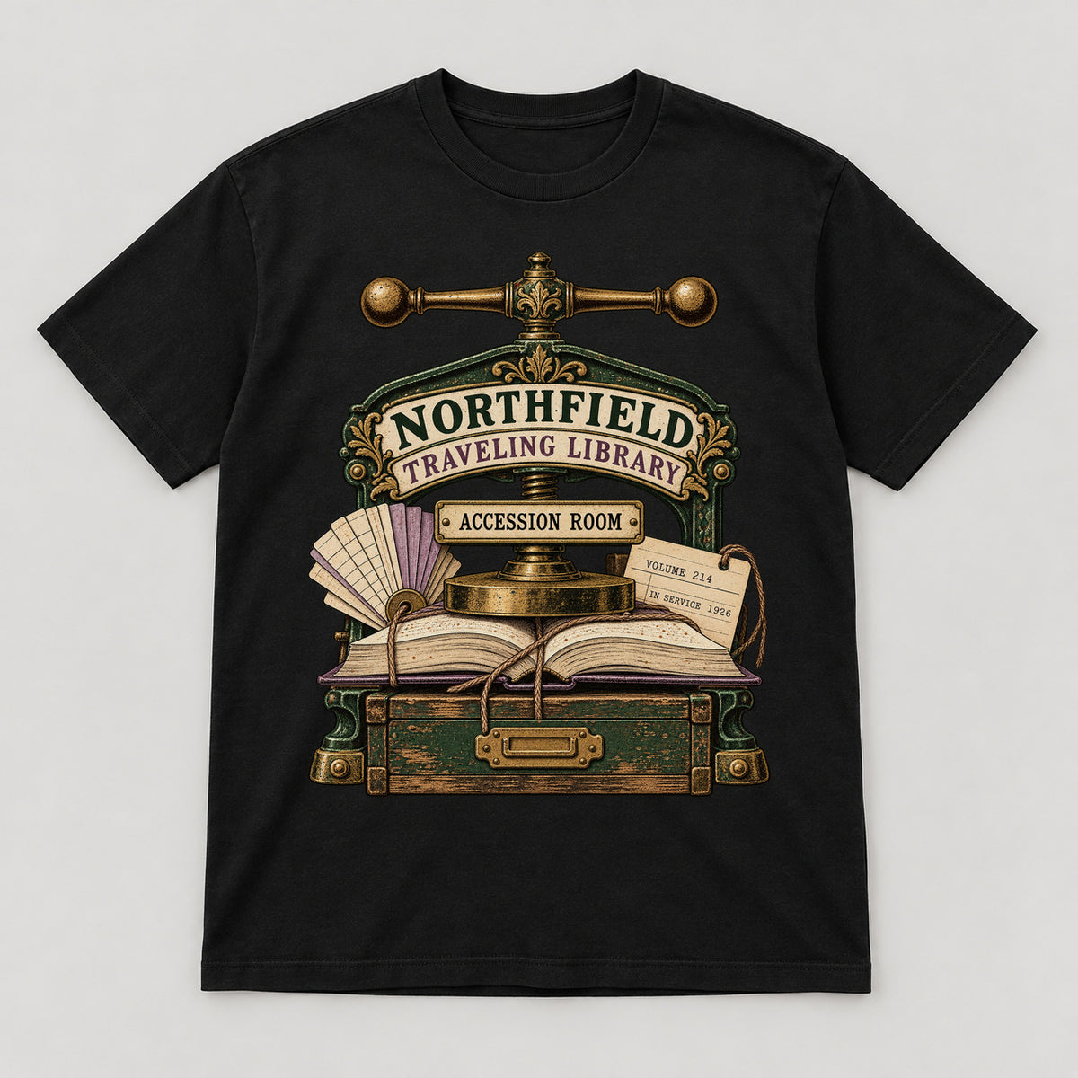 Northfield Traveling Library T-Shirt — black front garment mockup