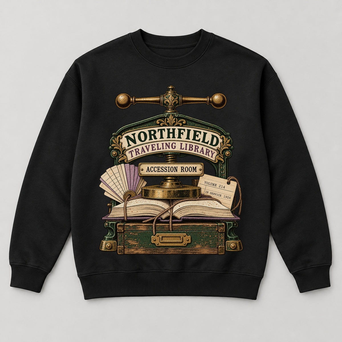 Northfield Traveling Library Sweatshirt — black front garment mockup
