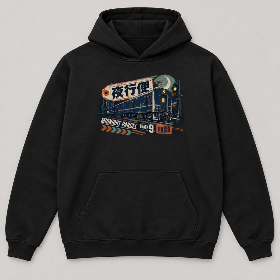 Midnight Parcel Hoodie — black front garment mockup