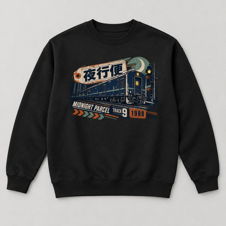 Midnight Parcel Sweatshirt — black front garment mockup