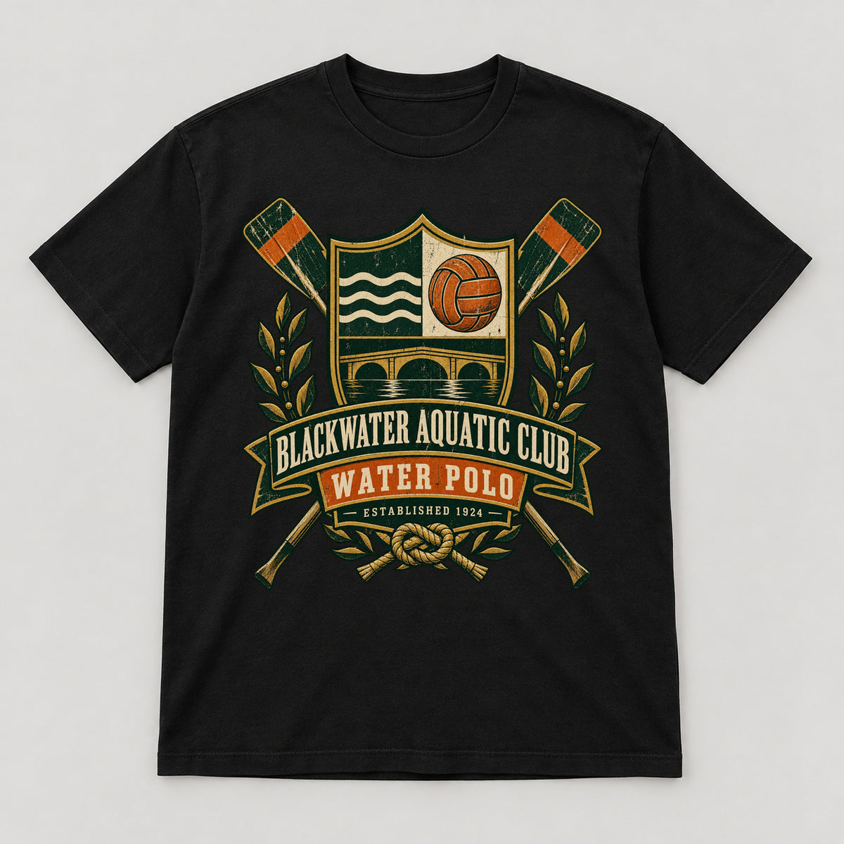 Blackwater Aquatic Club T-Shirt — black front garment mockup