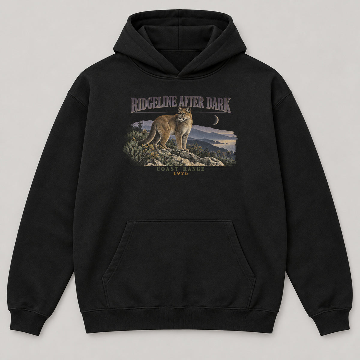 Ridgeline After Dark Hoodie — black front garment mockup