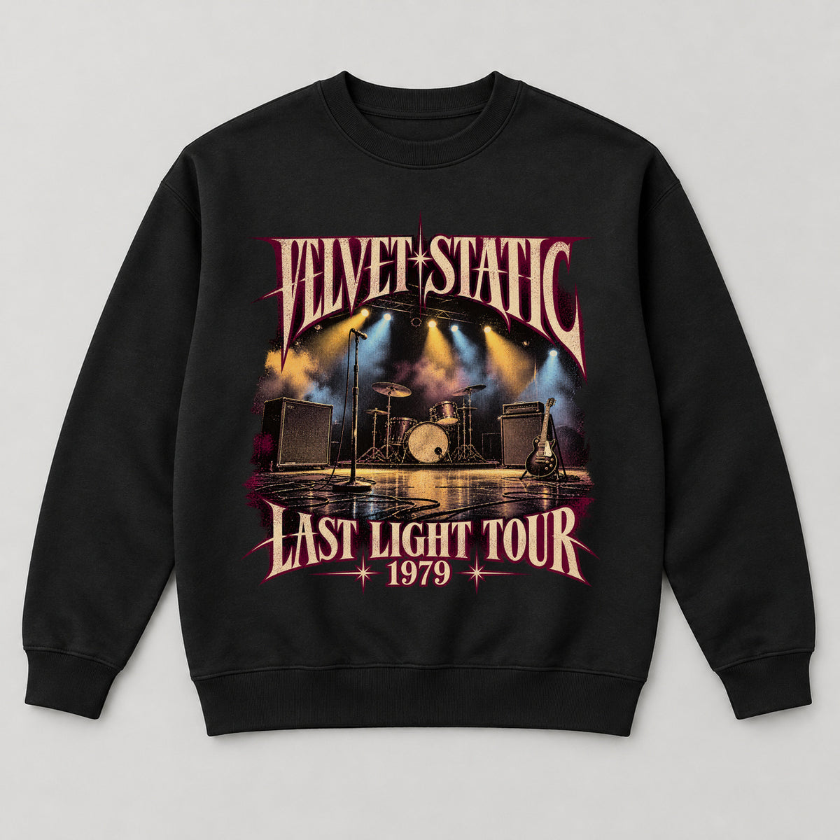 Velvet Static Last Light Tour Sweatshirt — black front garment mockup