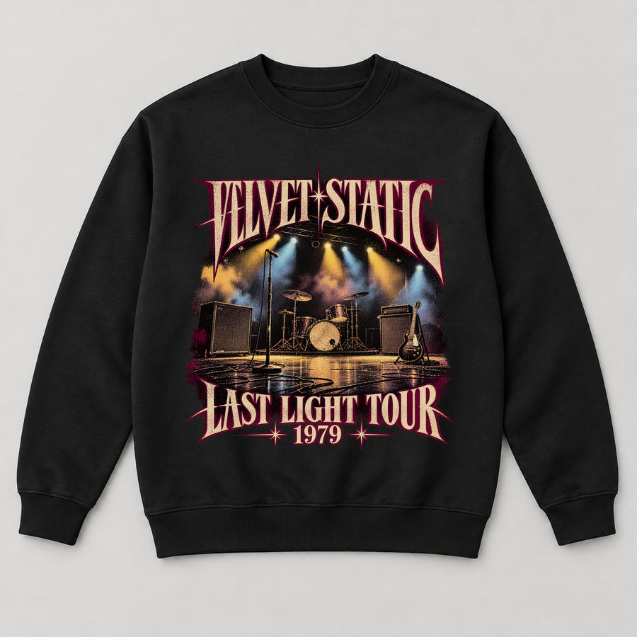 Velvet Static Last Light Tour Sweatshirt — black front garment mockup
