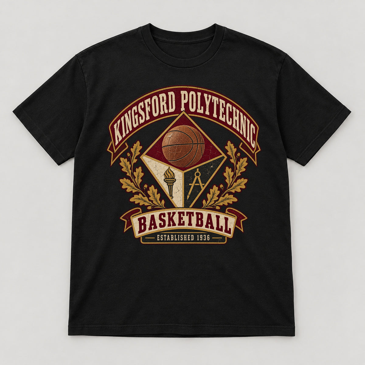Kingsford Polytechnic Basketball T-Shirt — black front garment mockup