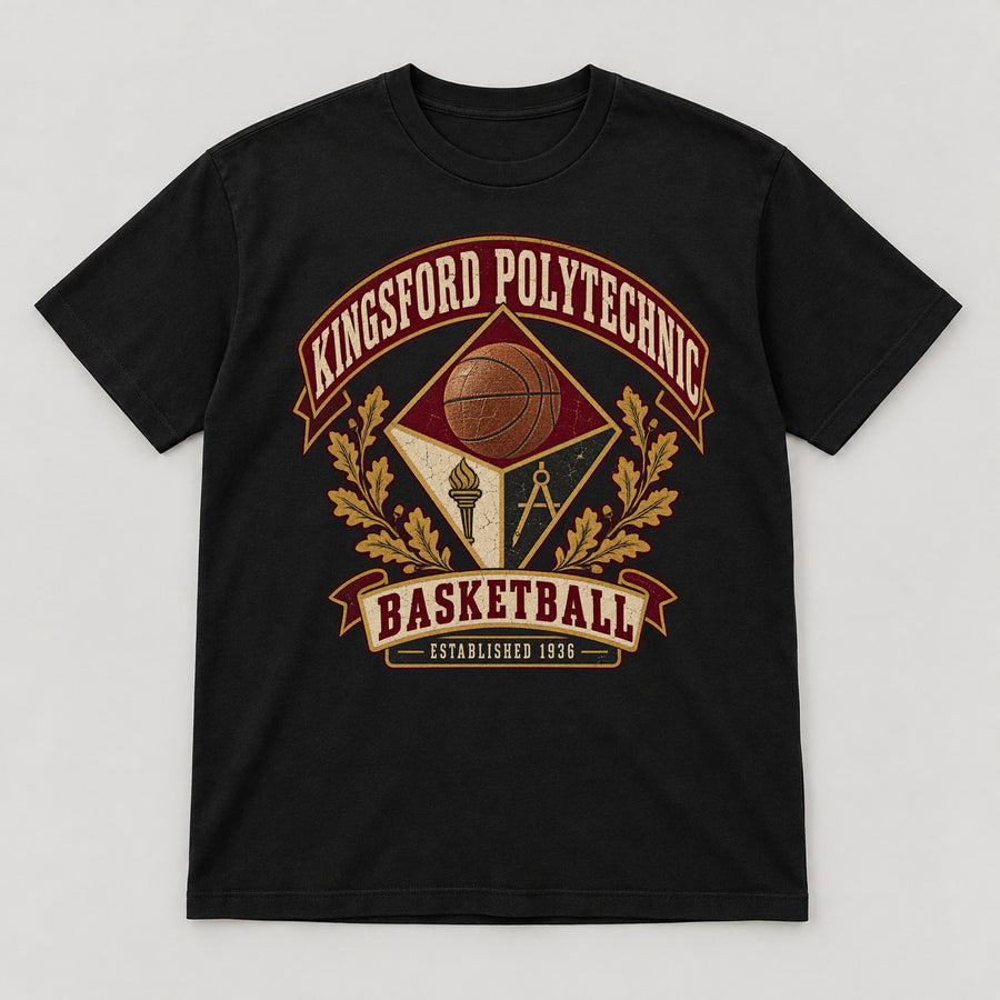 Kingsford Polytechnic Basketball T-Shirt — black front garment mockup