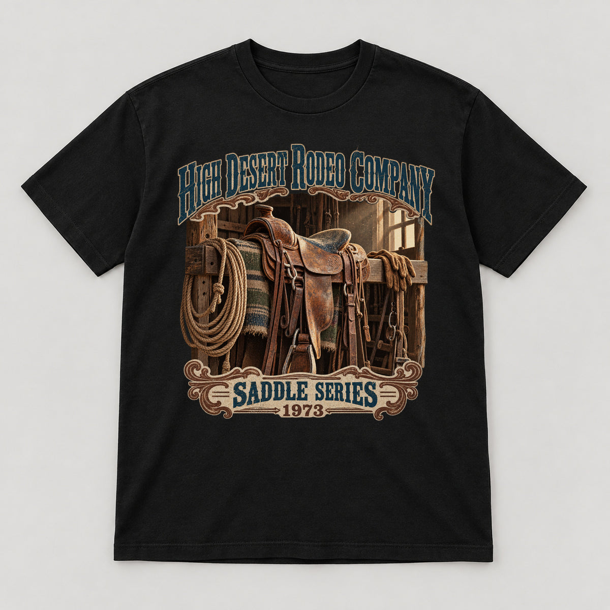 High Desert Rodeo Company T-Shirt — black front garment mockup