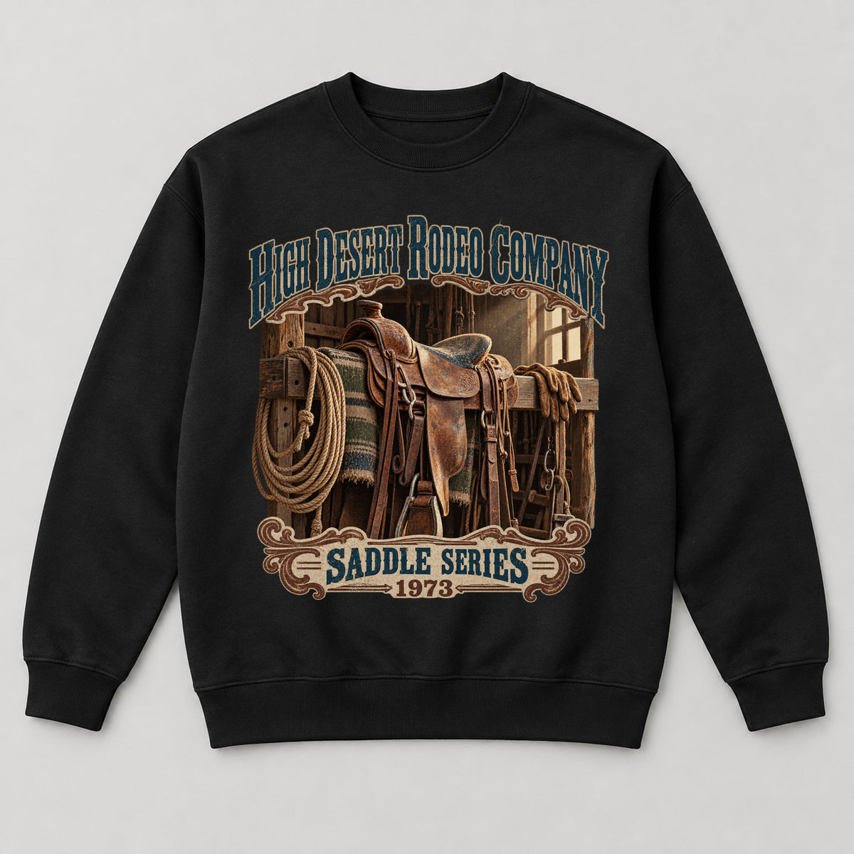 High Desert Rodeo Company Sweatshirt — black front garment mockup