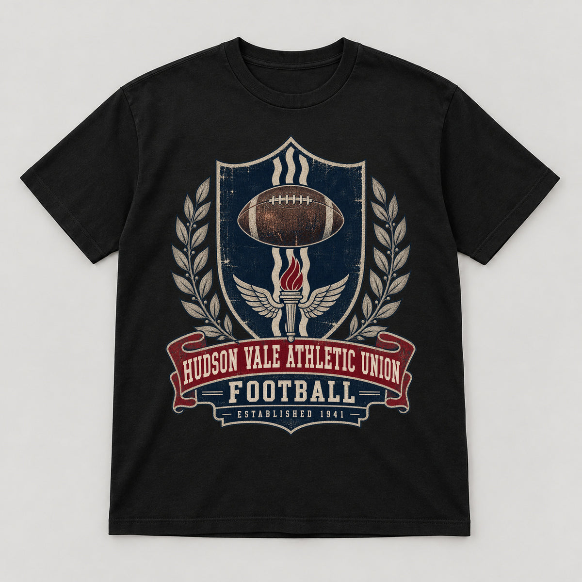 Hudson Vale Athletic Union Football T-Shirt — black front garment mockup