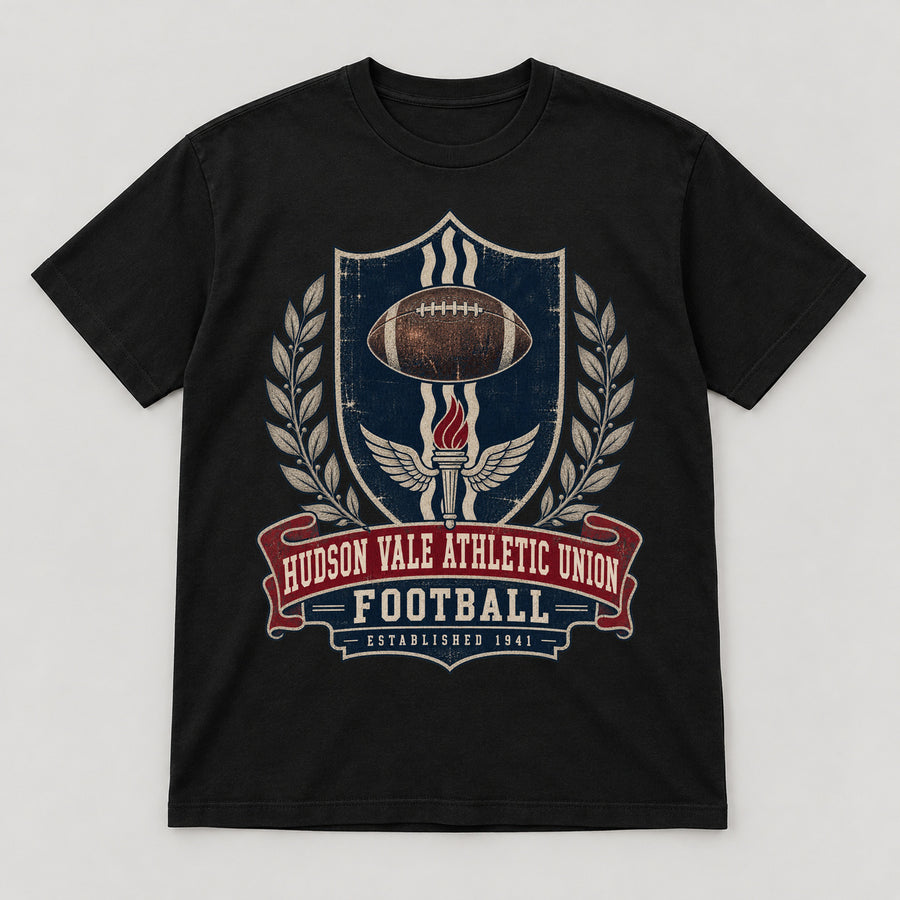 Hudson Vale Athletic Union Football T-Shirt — black front garment mockup