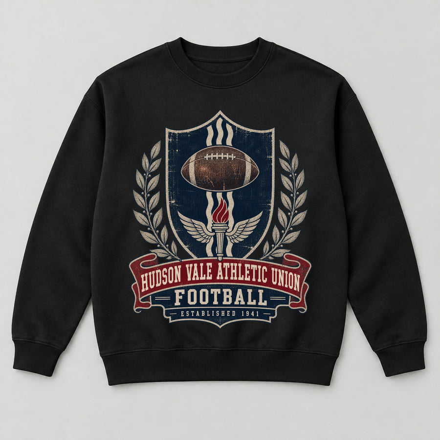 Hudson Vale Athletic Union Football Sweatshirt — black front garment mockup
