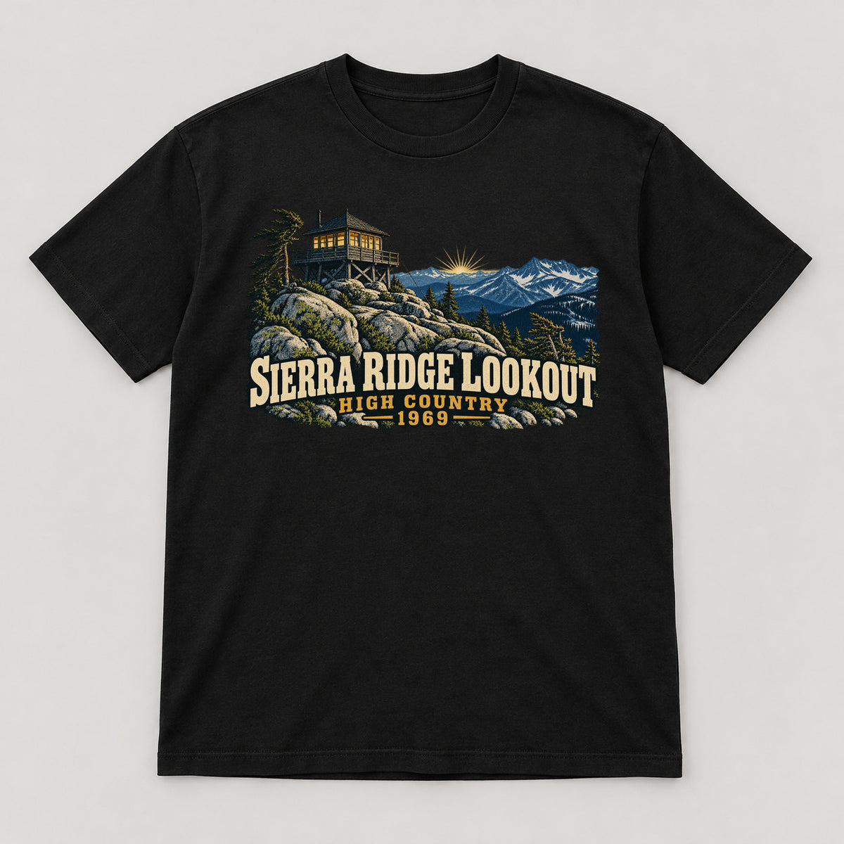 Sierra Ridge Lookout T-Shirt — black front garment mockup