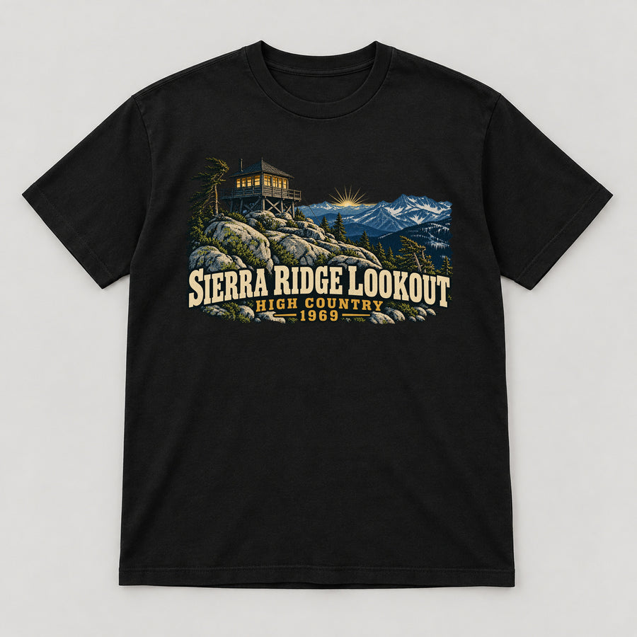 Sierra Ridge Lookout T-Shirt — black front garment mockup