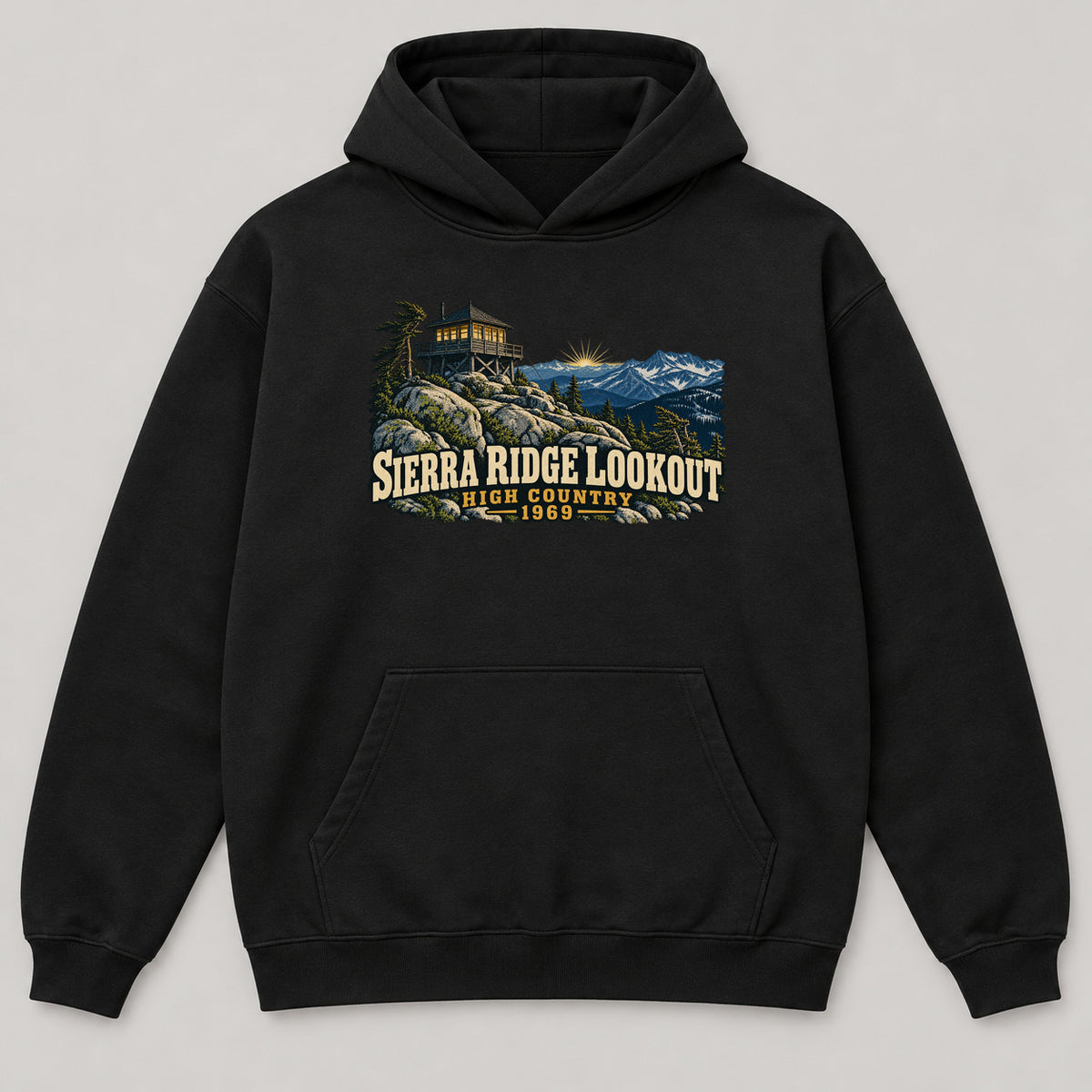 Sierra Ridge Lookout Hoodie — black front garment mockup