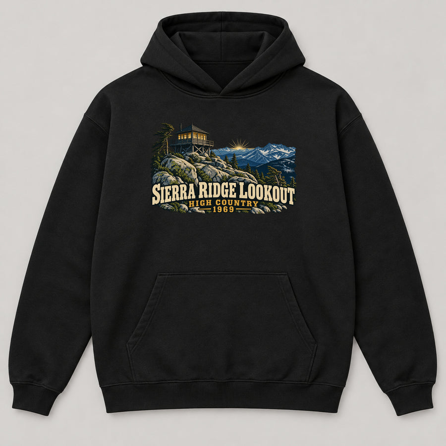 Sierra Ridge Lookout Hoodie — black front garment mockup