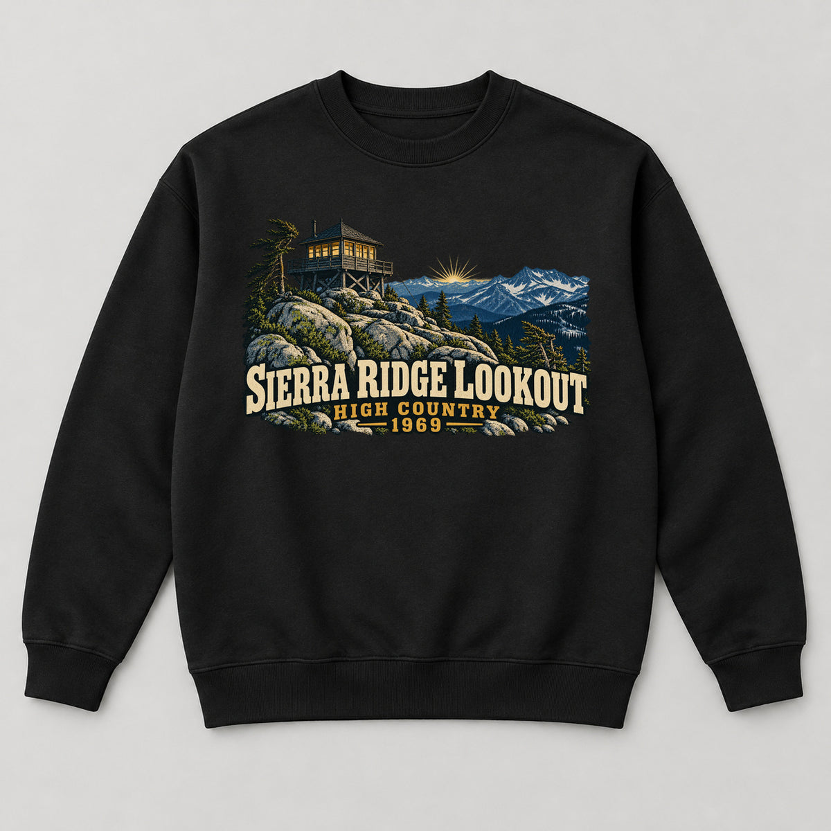 Sierra Ridge Lookout Sweatshirt — black front garment mockup