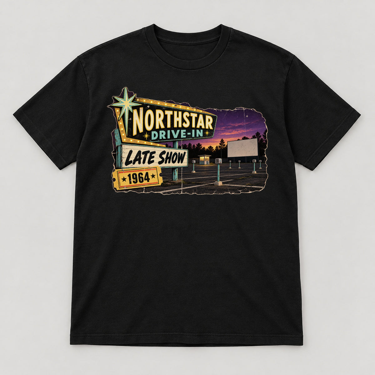 Northstar Drive-In Late Show T-Shirt — black front garment mockup