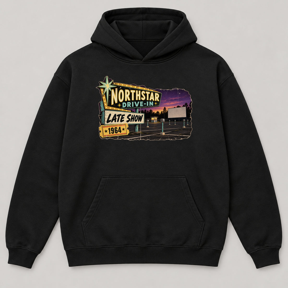 Northstar Drive-In Late Show Hoodie — black front garment mockup