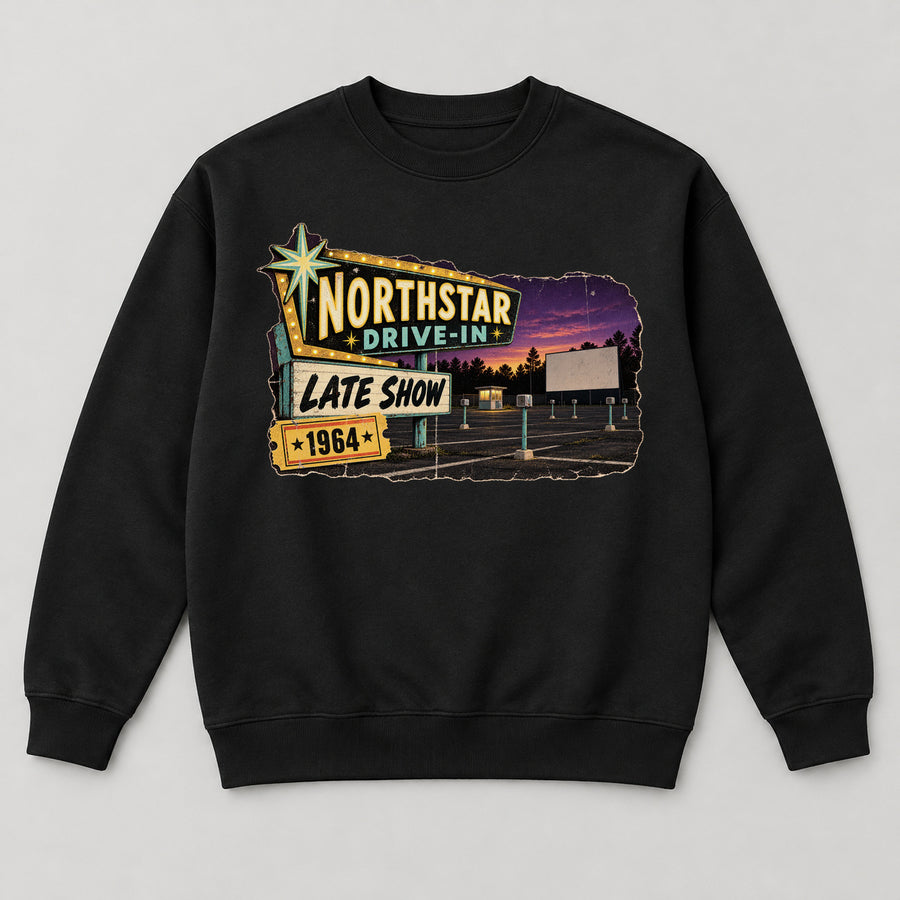Northstar Drive-In Late Show Sweatshirt — black front garment mockup