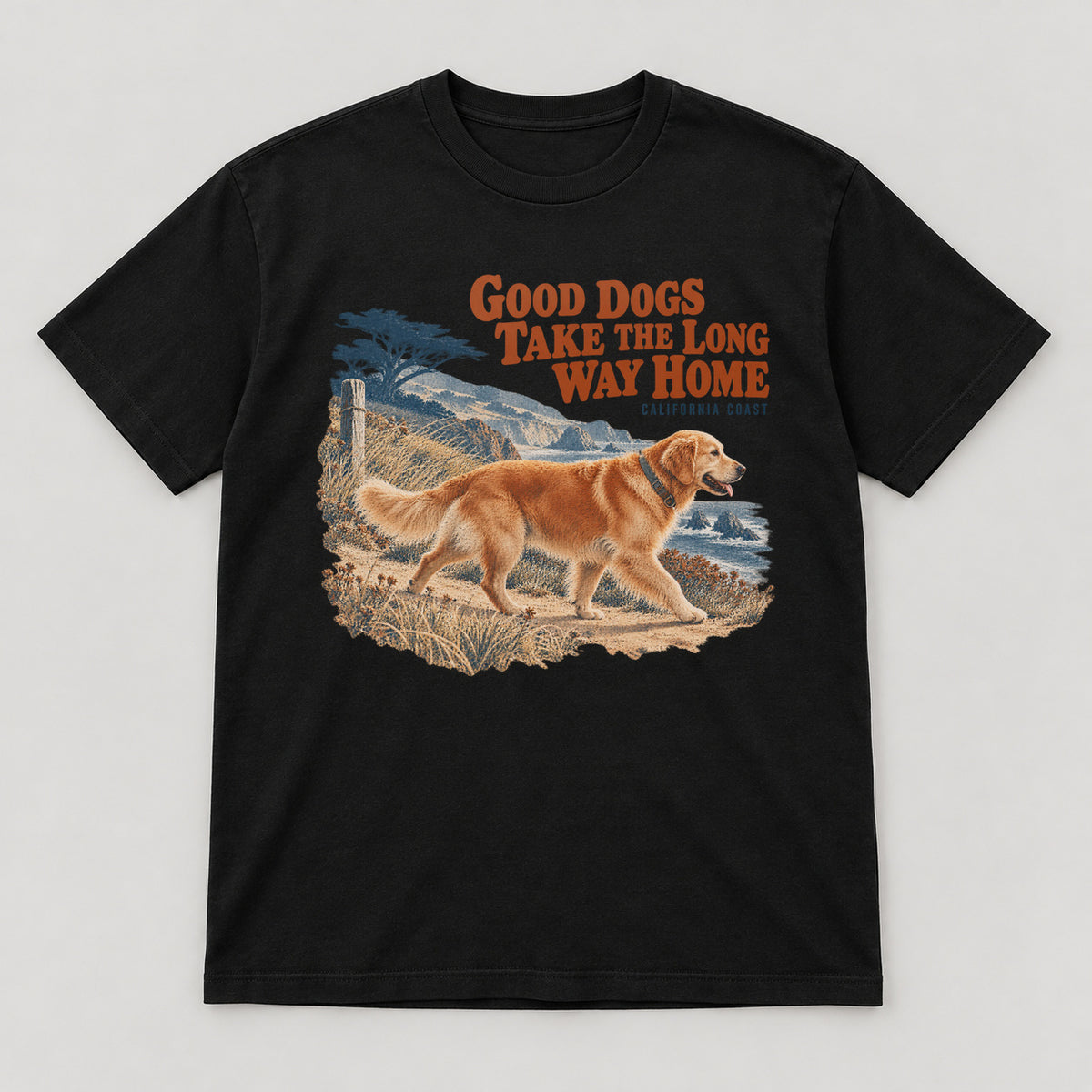 Good Dogs Take the Long Way Home T-Shirt — black front garment mockup