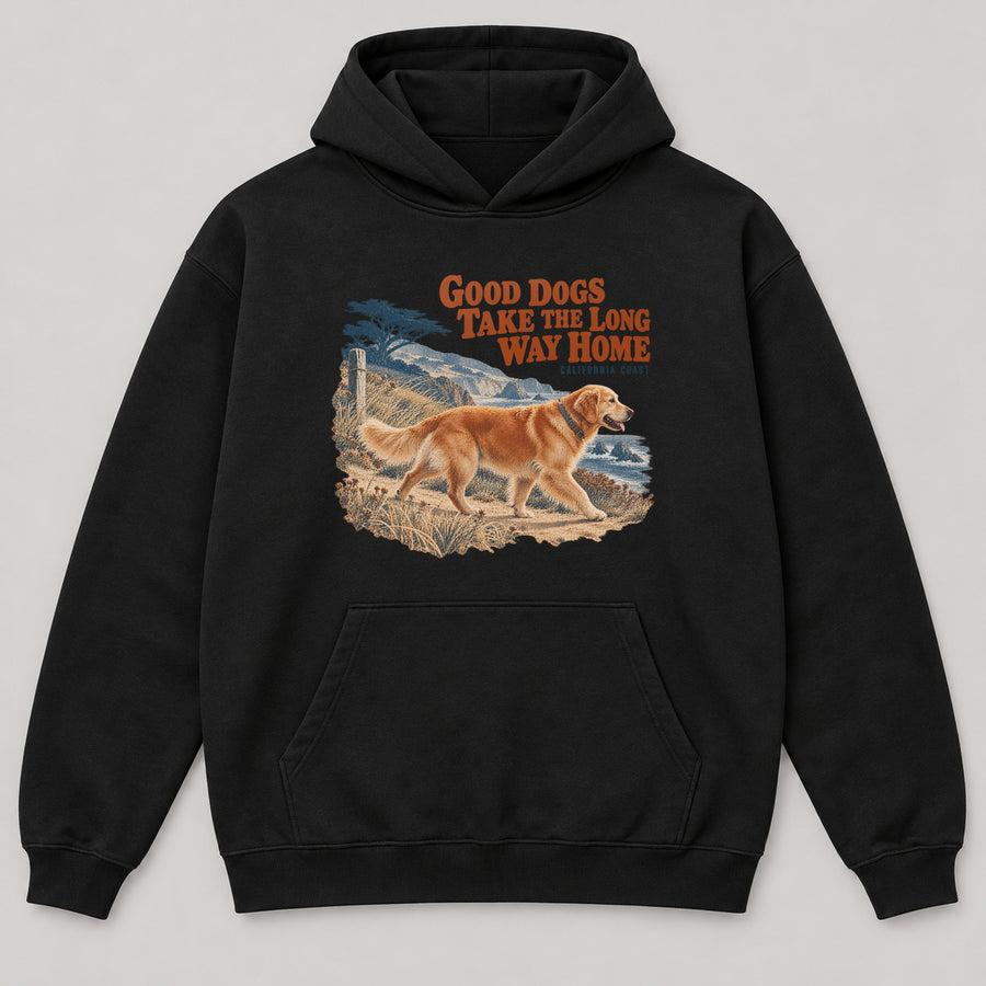 Good Dogs Take the Long Way Home Hoodie — black front garment mockup