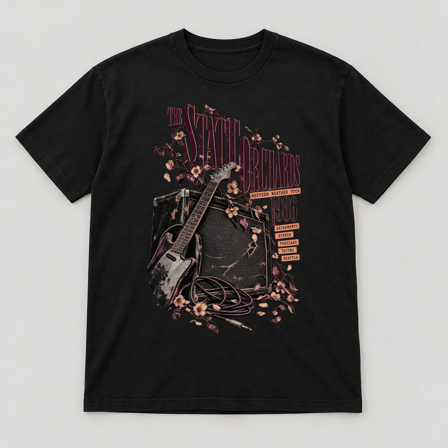 The Static Orchards T-Shirt — black front garment mockup