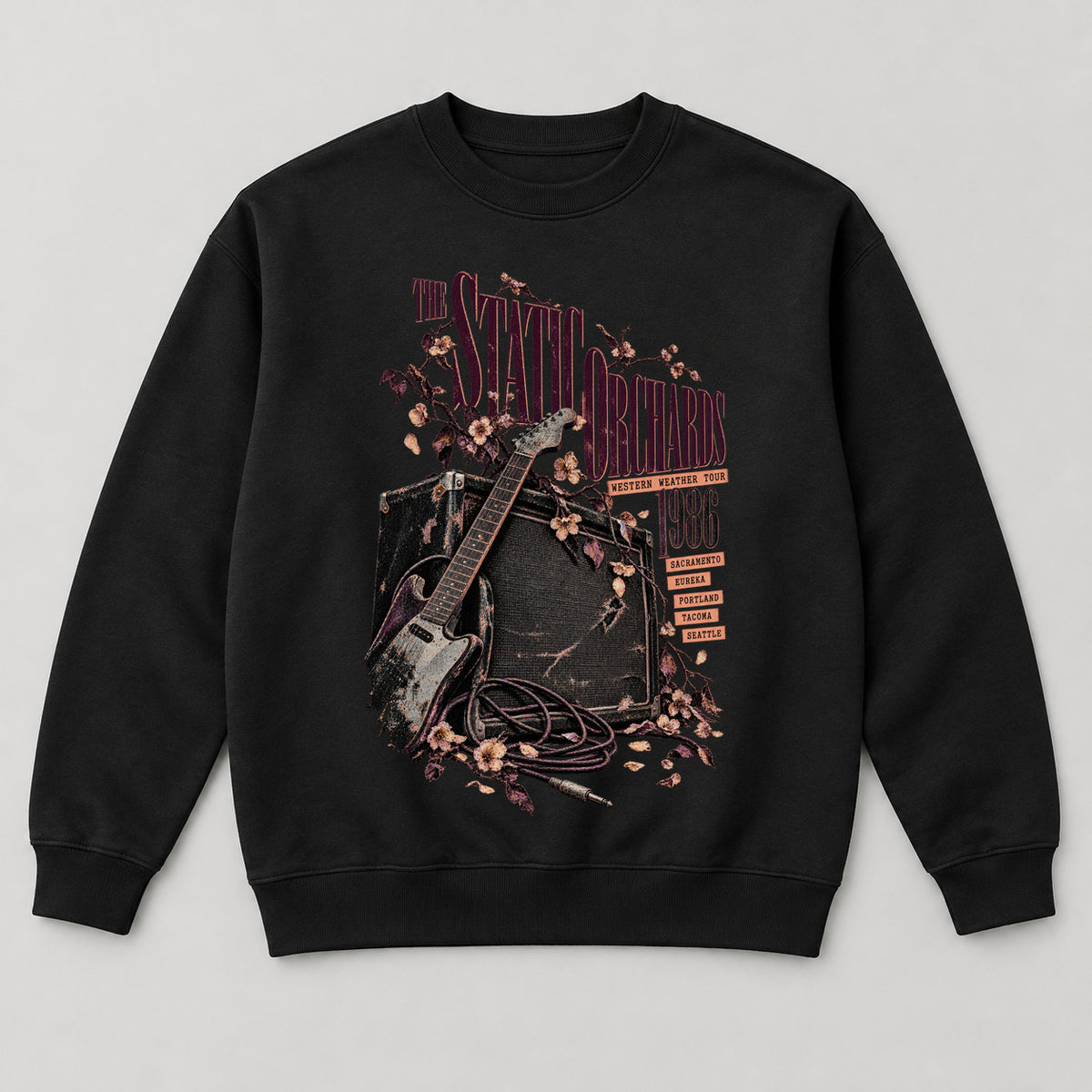 The Static Orchards Sweatshirt — black front garment mockup