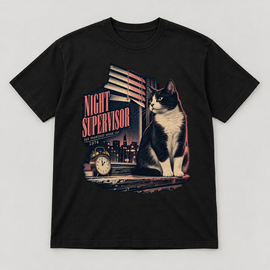 Night Supervisor T-Shirt — black front garment mockup
