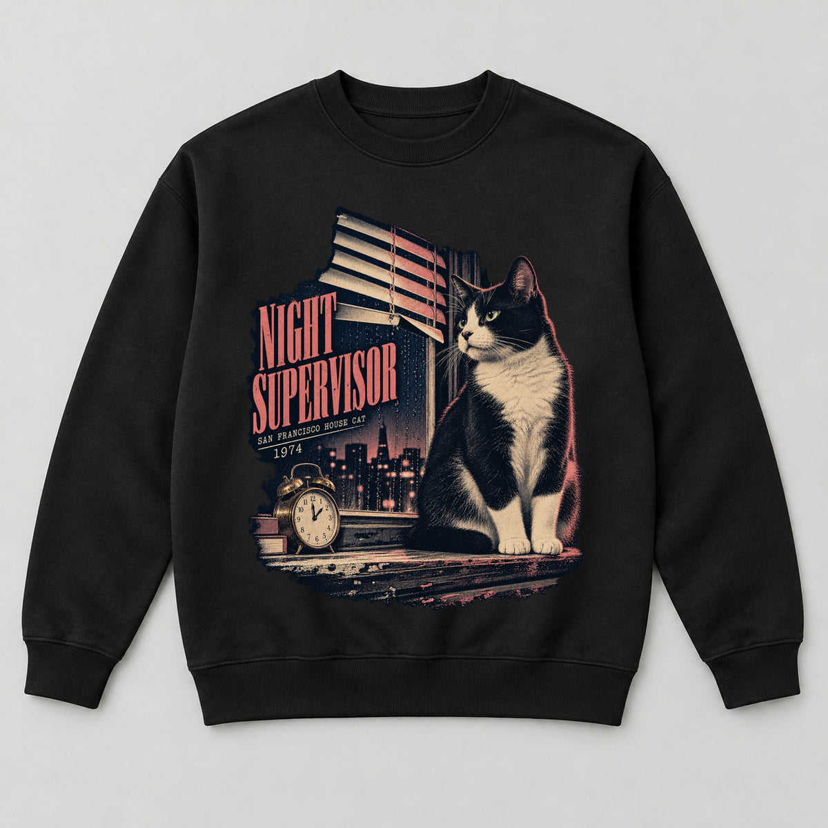 Night Supervisor Sweatshirt — black front garment mockup