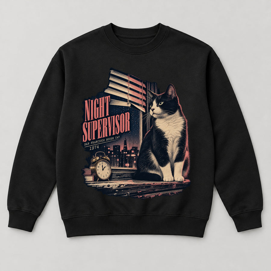 Night Supervisor Sweatshirt — black front garment mockup
